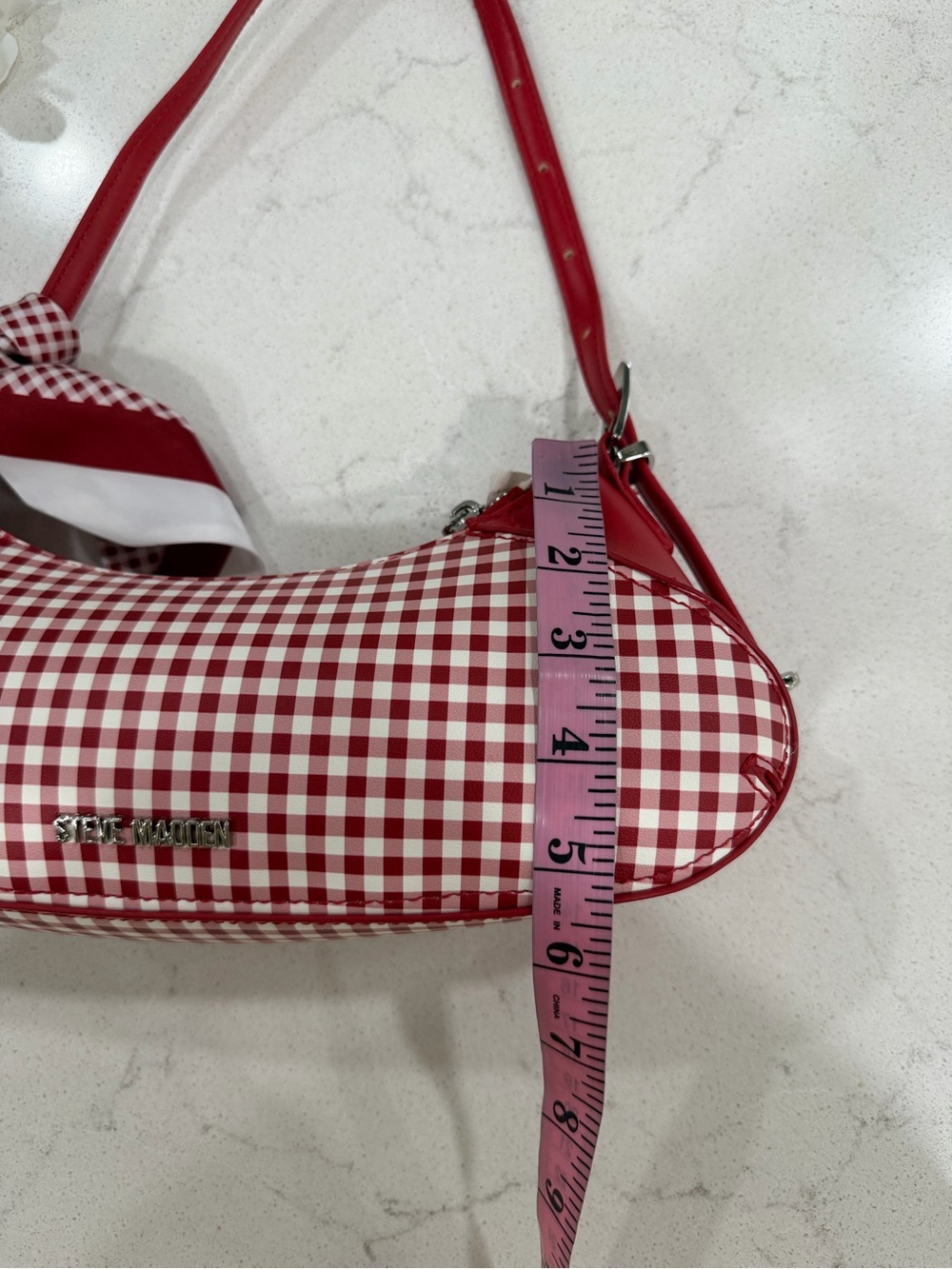 Steve Madden Red and White Gingham Shoulder Bag with Scarf Accent - Picture 6 of 9